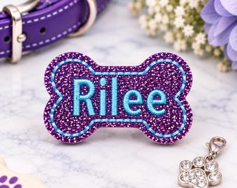 Personalized Purple Sparkly Dog Bow Barrette | Embroidered Bone