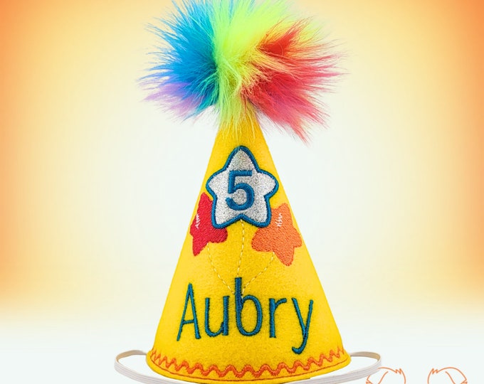 Yellow Dog Birthday Hat Embroidered Star Balloons, Personalized for First Birthday, Custom Party Hat, Pet Photo Prop, Memory Keepsake Gifts