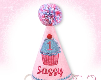 Dog Birthday Hat, Cupcake Pupcake in Pink with Sparkly Blue,  Pet Birthday, Photo Prop, Gotcha Day, 1st Birthday, Party Favors, Pampered Dog