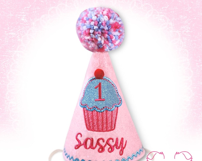Dog Birthday Hat, Cupcake Pupcake in Pink with Sparkly Blue,  Pet Birthday, Photo Prop, Gotcha Day, 1st Birthday, Party Favors, Pampered Dog