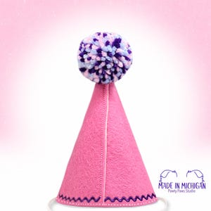 Op de afbeelding: Een roze vilten feesthoed met een veelkleurige pompon erop. De hoed heeft een gestikte naad en een decoratief paars zigzagpatroon aan de basis. De hoed is ontworpen voor huisdieren.