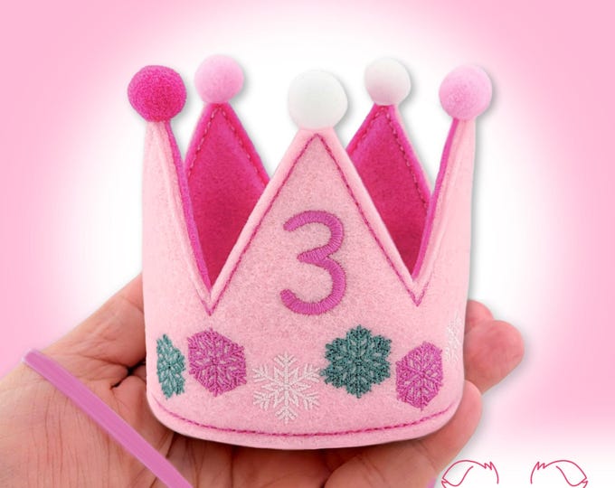 Dog Birthday Crown | Snowflakes on Pink, Embroidered with Birthday Number | Gotcha Day Crown | Party Hats for pets | 1st Birthday Party