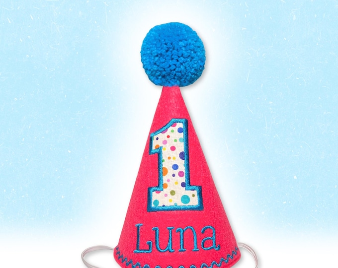 Dog Birthday Hat in Dark Pink & Rainbow Dots, Custom Embroidered Name and Birthday Number