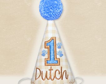Personalized Dog Birthday Hat, Beige Gingham Pet Party Hat, Embroidered Birthday Number and Name