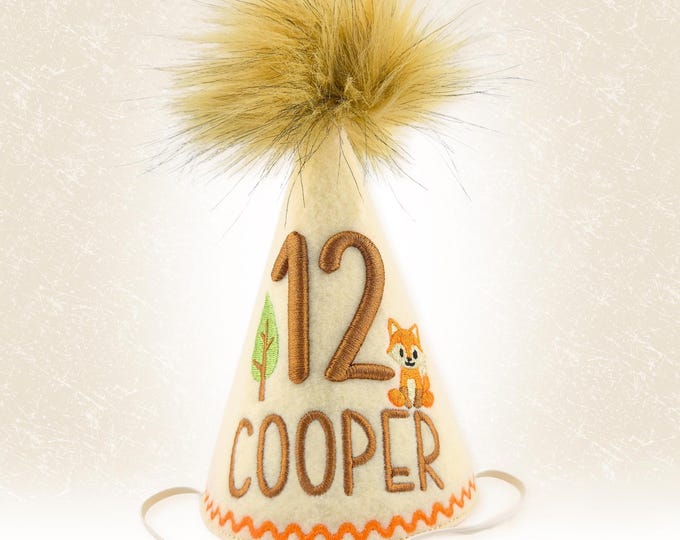 Woodland Fox Dog Birthday Hat, Personalized Embroidery, Boy First Birthday, Faux Fur Pompom, Neutral Colors | FX930