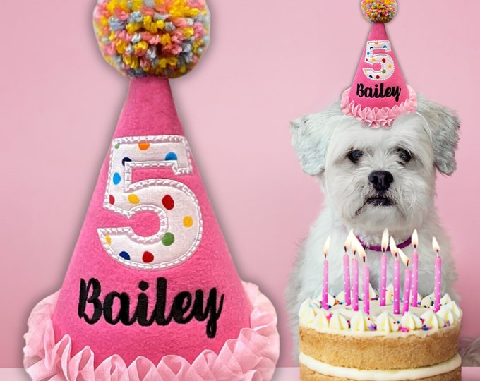 Frilly DOG Birthday Hat in Pink - Personalized with Name, Birthday Number, Gotcha Day Hat, 1st Birthday, Pet Party Hat, Photo Prop