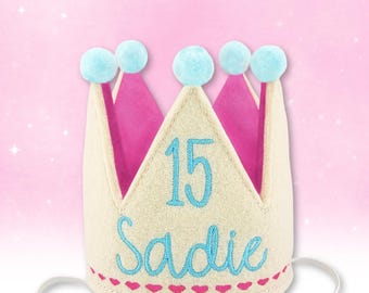 Ecru Dog Birthday Crown with Pink Hearts | Personalized Embroidered Hat | Gotcha Day | 1st Birthday Party | Pet Accessories | Photo Prop