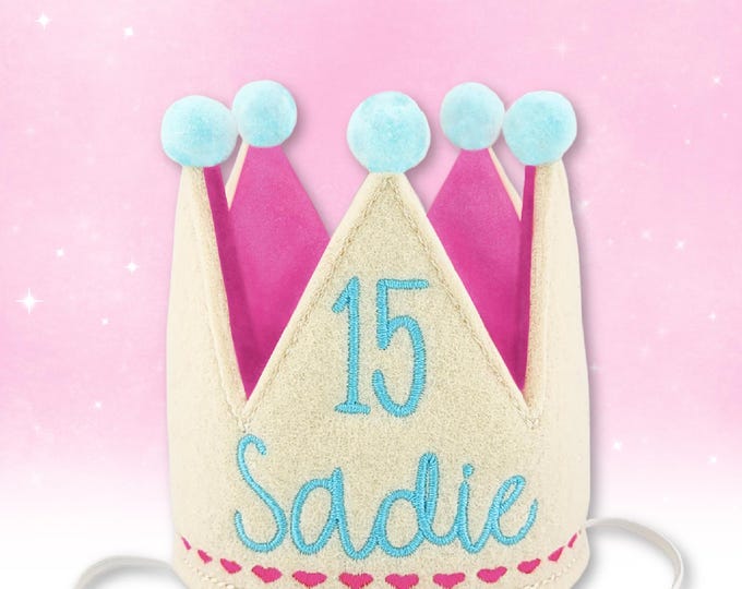 Ecru Dog Birthday Crown with Pink Hearts | Personalized Embroidered Hat | Gotcha Day | 1st Birthday Party | Pet Accessories | Photo Prop