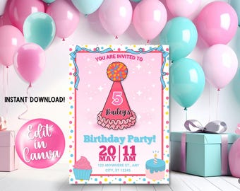 Pink Girl Birthday Invitation | Digital Party Invite | Editable Canva Template (Matching Dog Party Hat Available) Pet Birthday | CP101