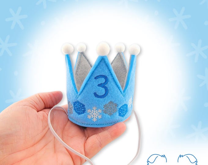 Dog Birthday Crown | Snowflakes on Blue, Embroidered with Birthday Number | Gotcha Day Crown | Party Hats for pets | 1st Birthday Party