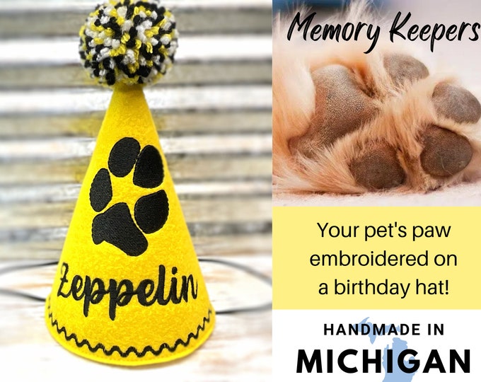 Embroidered Dog Birthday Hat Personalized with YOUR Dogs Paw and Name - 9 color options , Birthday Memories for Pets