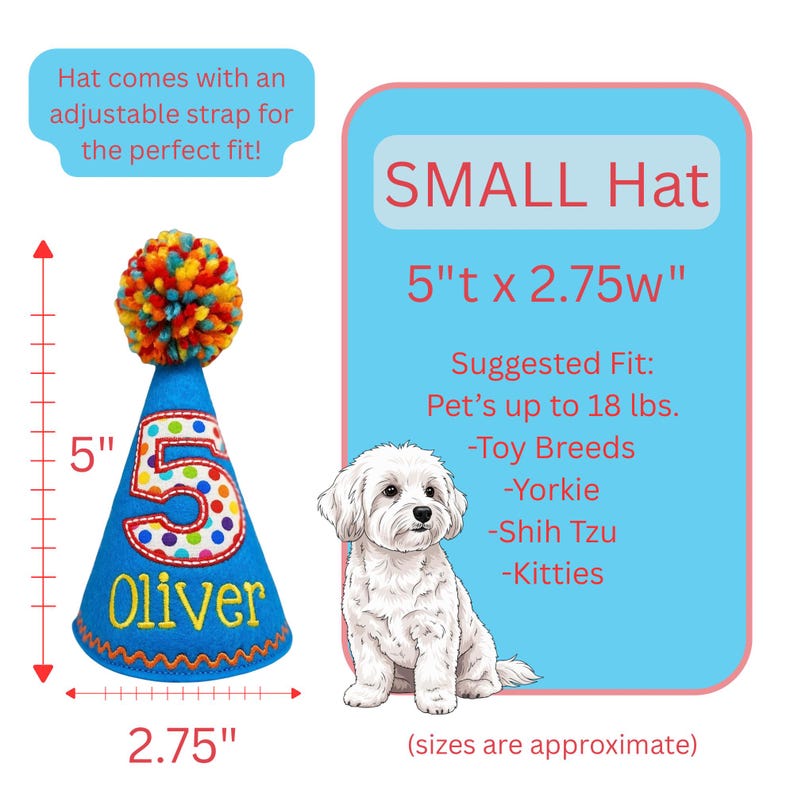 May include: A blue felt pet birthday hat with a colorful pom-pom, the number 5, and the name "Oliver". The hat is 5 inches tall and 2.75 inches wide, with an adjustable strap. A small white dog is next to the hat.