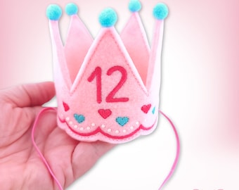 Pink Dog Birthday Crown | Scalloped Edge | Embroidered Cute Hearts | Personalized Birthday Number | Gotcha Day Crown | 1st Birthday Party