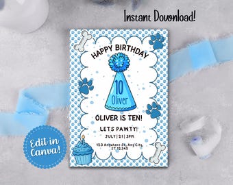 Birthday Hat and Dog Paws Digital Party Invite | Editable Canva Template  | Printable OLI10 | Instant Download