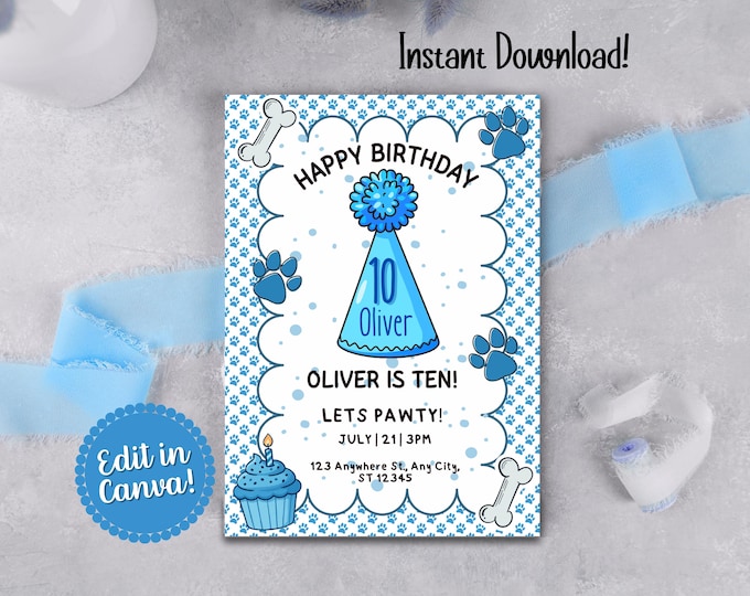 Birthday Hat and Dog Paws Digital Party Invite | Editable Canva Template  | Printable OLI10 | Instant Download