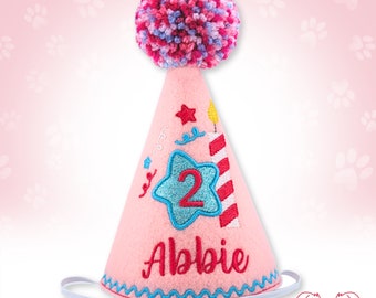 Pink Girl Dog Birthday Hat, Embroidered Birthday Candle Star, Yarn Pompom Personalized Party Hat, Pet Photo Prop, Memory Keepsake Gifts
