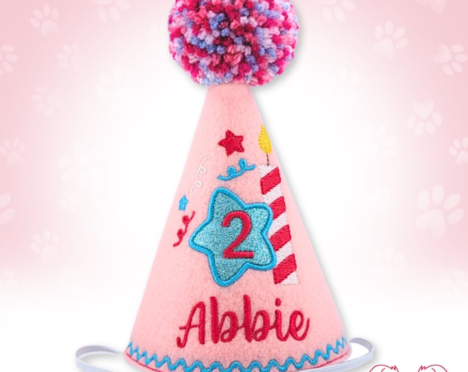 Pink Girl Dog Birthday Hat, Embroidered Birthday Candle Star, Yarn Pompom Personalized Party Hat, Pet Photo Prop, Memory Keepsake Gifts