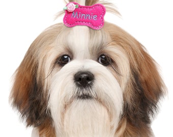 Fuchsia Pink Dog Bow Barrette - Bone Shaped - Personalized, Embroidered Pet Hair Bow, Bows for Dogs, Yorkie Bows, Shih Tzu Bows