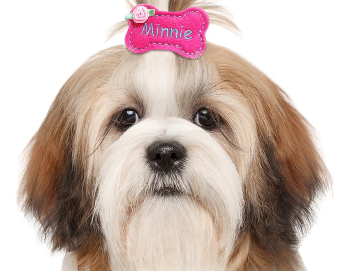 Fuchsia Pink Dog Bow Barrette - Bone Shaped - Personalized, Embroidered Pet Hair Bow, Bows for Dogs, Yorkie Bows, Shih Tzu Bows