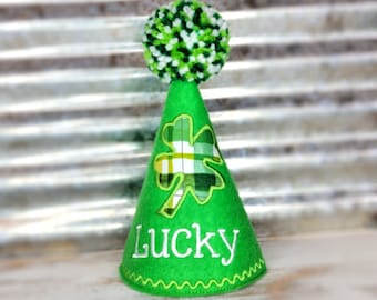 Green Dog Birthday Party Hat with Clover for St. Patrick's Day, Dogs First Birthday, Pet Birthday, Photo Prop, Gotcha Day