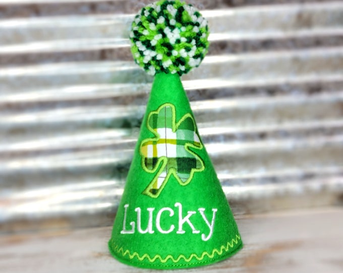 Green Dog Birthday Party Hat with Clover for St. Patrick's Day, Dogs First Birthday, Pet Birthday, Photo Prop, Gotcha Day