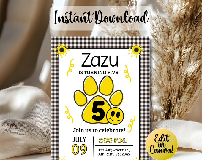 Yellow Buffalo Plaid Dog Paw Birthday Invitation – Editable Canva Template – Smiley Face Puppy Party Invite – Pet Birthday Printable SM1026