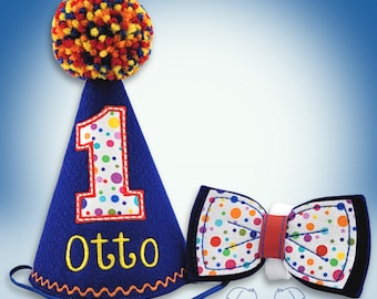 Personalized Dog Birthday Hat & Bow Tie: Royal Blue Polka Dots