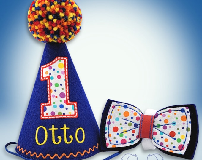 Dog Birthday Hat and Bow Tie Royal Blue Polka Dots, Gotcha Day Party Hat, Photo Prop, Dog Party Supplies, 1st Birthday, Cake Smash, Pet Hat