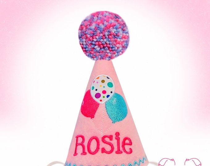 Dog Birthday Hat with Embroidered Balloons in Pink, Personalized with Name, Dogs First Birthday, Gotcha Day Hat