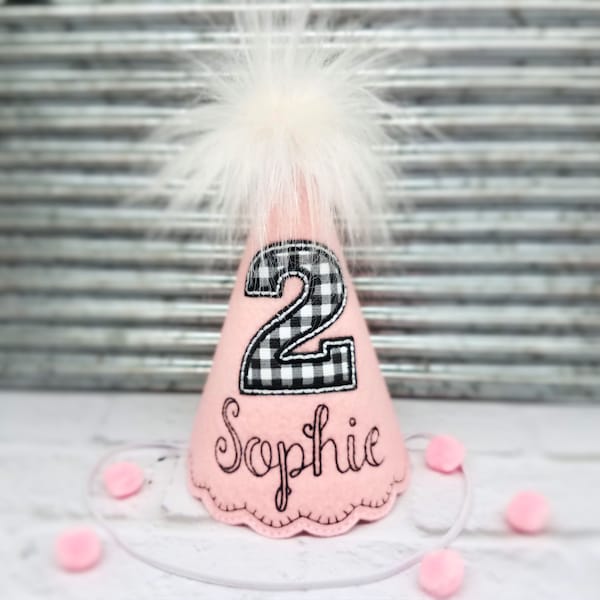 Dog Birthday Hat, Pink Vintage Style Black/White Check and Scalloped Edge Personalized, Dogs First Birthday, Pet Birthday Hat, Gotcha Day