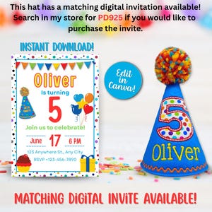 May include: A blue birthday party hat with a colorful pom-pom and the number 5. The hat says "Oliver" and has a matching digital invitation available. The invitation is a downloadable file with party details.