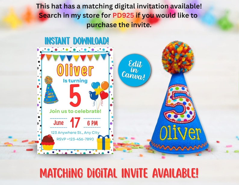 May include: A blue birthday party hat with a colorful pom-pom and the number 5. The hat says "Oliver" and has a matching digital invitation available. The invitation is a downloadable file with party details.