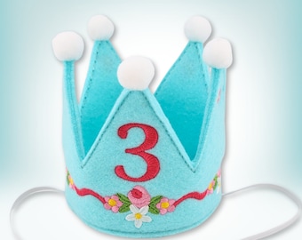 Floral Dog Birthday Crown in Aqua Embroidered - Personalized with Birthday Number, Gotcha Day Crown, Party Hats for pets, 1st Birthday Party