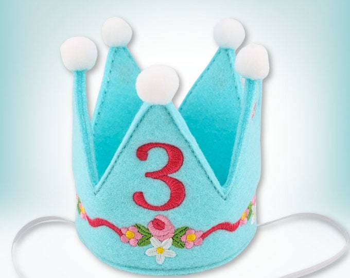 Floral Dog Birthday Crown in Aqua Embroidered - Personalized with Birthday Number, Gotcha Day Crown, Party Hats for pets, 1st Birthday Party