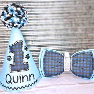 Dog Birthday Hat and Bow Tie Set Blue Buffalo Plaid, Gotcha Day Party Hat, Birthday photo prop, Dog Party Supplies, Dog 1st Birthday,