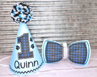Dog Birthday Hat and Bow Tie Set Blue Buffalo Plaid, Gotcha Day Party Hat, Birthday photo prop, Dog Party Supplies, Dog 1st Birthday,