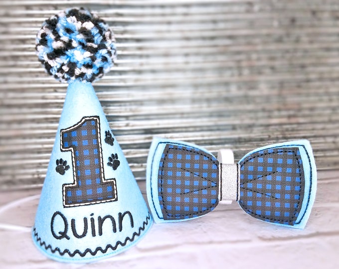 Dog Birthday Hat and Bow Tie Set Blue Buffalo Plaid, Gotcha Day Party Hat, Birthday photo prop, Dog Party Supplies, Dog 1st Birthday,