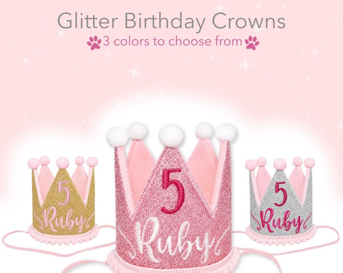 Glitter Dog Birthday Crown, Personalized | Gotcha Day Crown | 1st Birthday Party | Girl Pet Accessories | Custom Embroidery