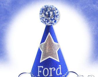 Royal Blue Dog Birthday Hat with Sparkle Star,  Cake Smash Hat, Boy Dog Party Hat, Dogs First Birthday, Pet Birthday, Photo Prop, Gotcha Day