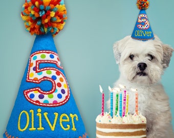 Dog or Cat Birthday Party Hat in Peacock Blue with Rainbow Dots - Personalized Pet Keepsake - 1st Birthday - Gotcha Day - Photo Prop