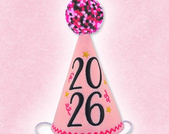 2026 New Year Dog Party Hat – 8 Color Options – Pet Celebration Hat with Pom Pom – Handmade Dog & Cat Hat