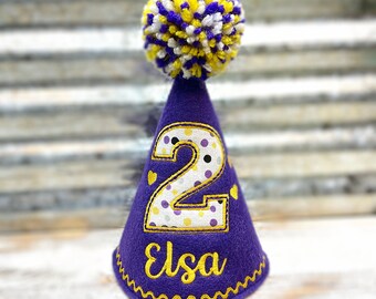 DOG Birthday Hat in Purple with Yellow Hearts, Personalized for your Pet Party,  Birthday Supplies, Gotcha Day, First Birthday, Spoiled Pet