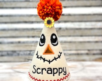 Scarecrow Dog Birthday Party Hat with Sunflower - Personalized, Dog Fall Designs, Fall Birthday Party, Autumn Birthday, Festive Pet Fashion