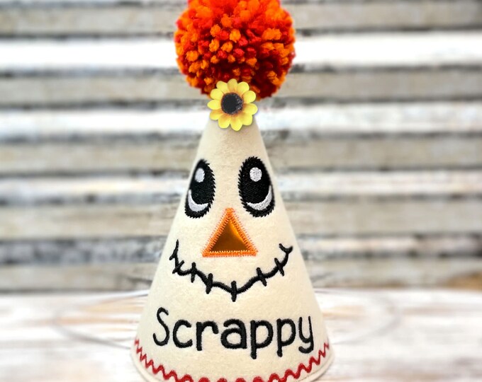 Scarecrow Dog Birthday Party Hat with Sunflower - Personalized, Dog Fall Designs, Fall Birthday Party, Autumn Birthday, Festive Pet Fashion