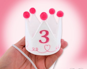 Dog Birthday Crown in White Embroidered - Personalized with Birthday Number, Gotcha Day Crown, Party Hats for pets, 1st Birthday Party