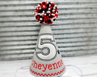 Dog Birthday Hat Personalized with Name, Birthday Number and Paws in Grey, Red, Black