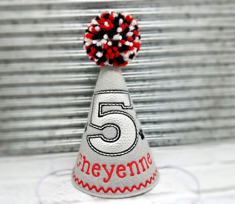 Dog Birthday Hat Personalized with Name, Birthday Number and Paws in Grey, Red, Black