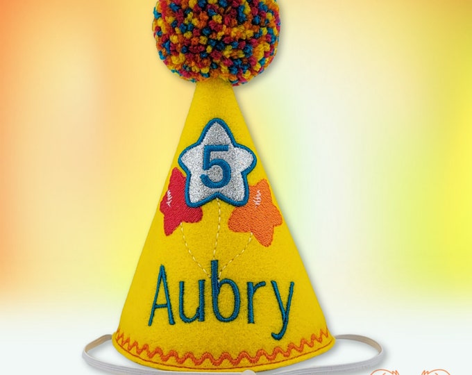 Dog Birthday Hat Yellow, Embroidered Star Balloons, Colorful Yarn Pompom Personalized Party Hat, Pet Photo Prop, Memory Keepsake Gifts