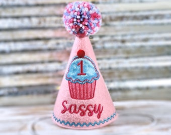 Dog Birthday Hat, Cupcake Pupcake in Pink with Sparkly Blue,  Pet Birthday, Photo Prop, Gotcha Day, 1st Birthday, Party Favors, Pampered Dog