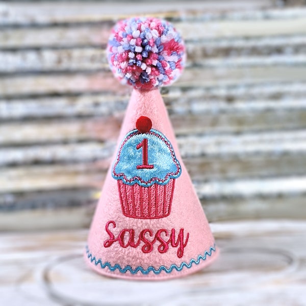 Dog Birthday Hat, Cupcake Pupcake in Pink with Sparkly Blue,  Pet Birthday, Photo Prop, Gotcha Day, 1st Birthday, Party Favors, Pampered Dog